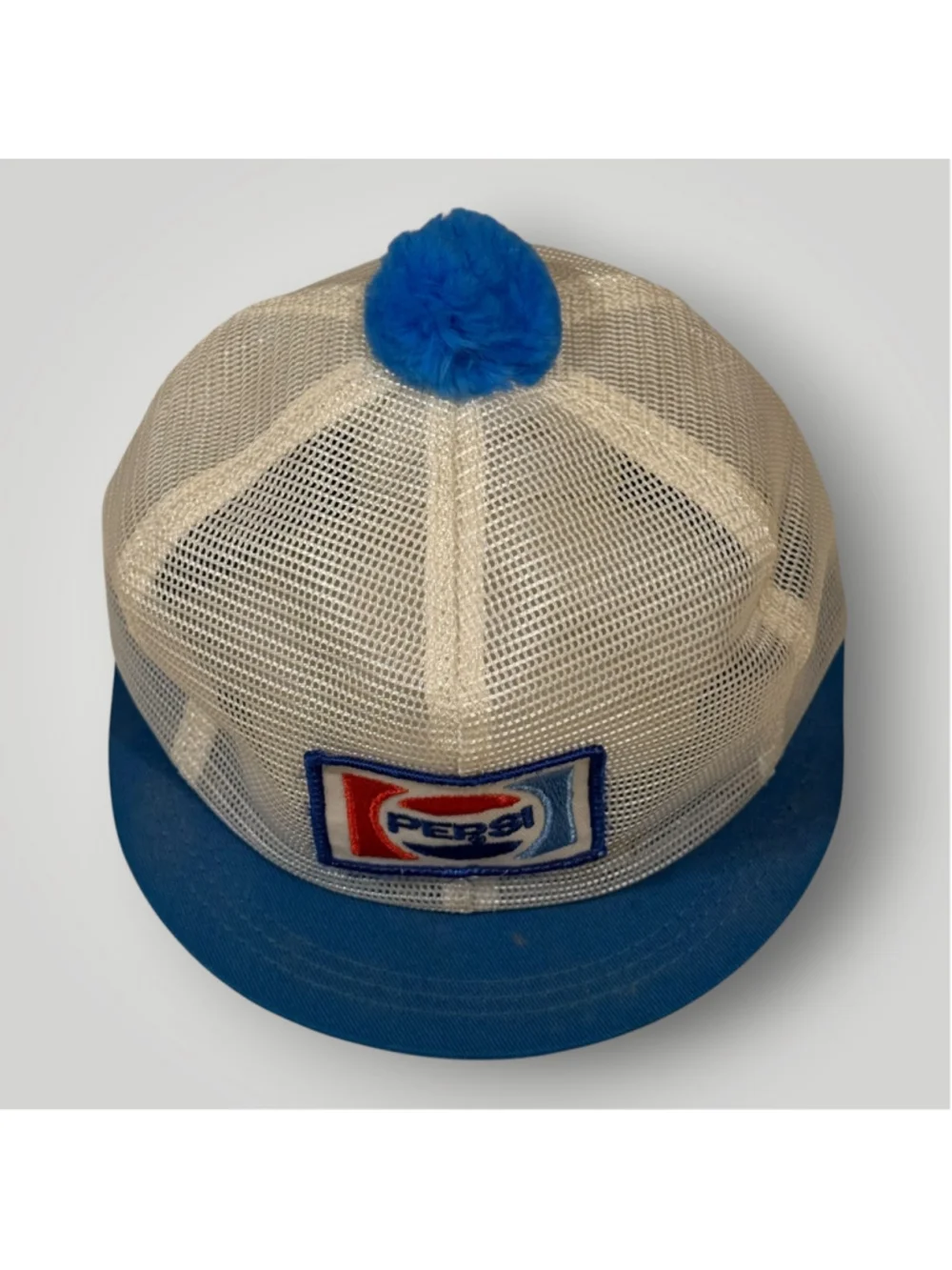 Vtg 1980s Pepsi Cola Mesh Trucker Hat Snapback White/Blue Pom Pom Patch Logo Cap
